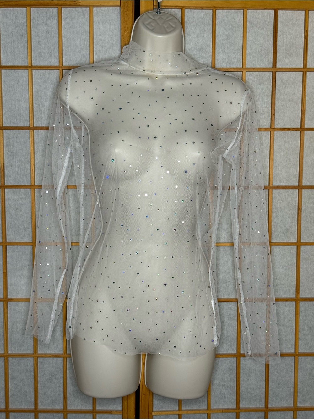 Amazon White Sheer Mesh Long-Sleeve Top with Iridescent Sequins